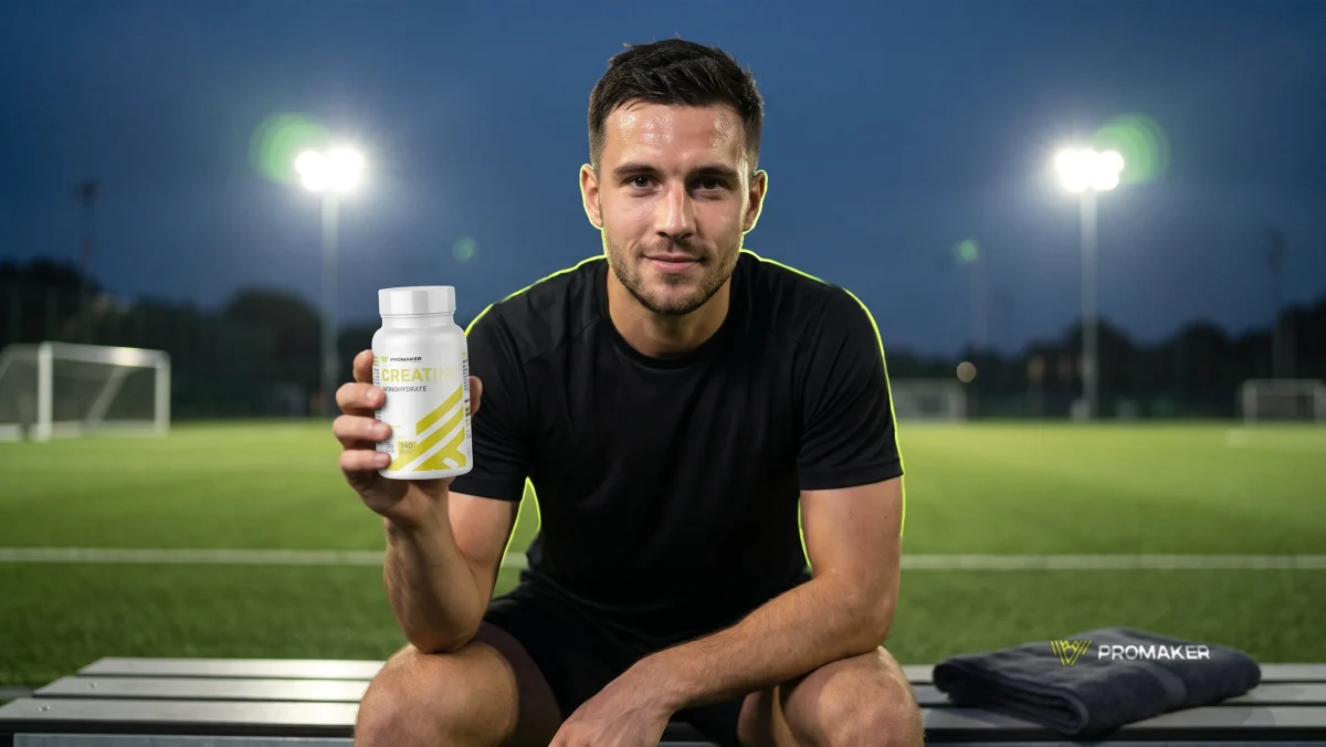 Piłkarz na ławce przy boisku wieczorem trzyma kapsułki Creatine Monohydrate PROMAKER, obok ręcznik z logo PROMAKER