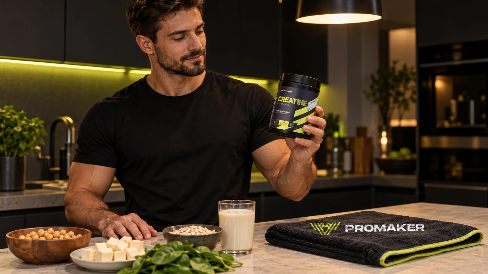 Mężczyzna w kuchni z roślinnym jedzeniem trzyma wegańską kreatynę PROMAKER Creatine Monohydrate po treningu