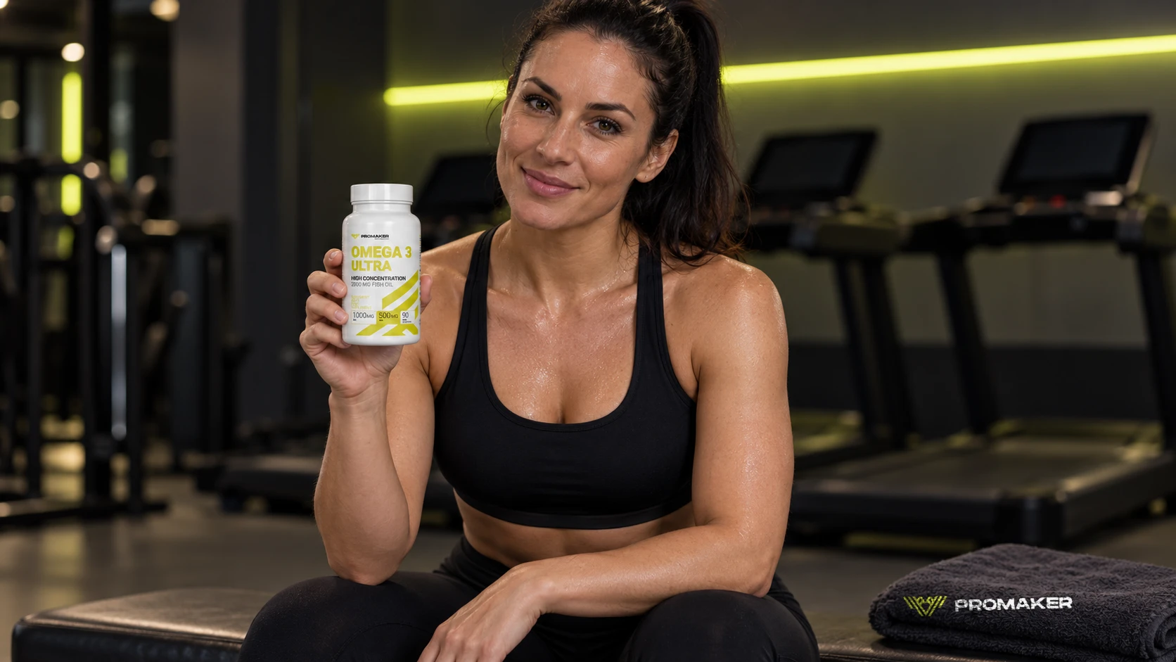 Kobieta po treningu cardio na ławce w siłowni trzyma kapsułki Omega ULTRA PROMAKER, obok ręcznik PROMAKER