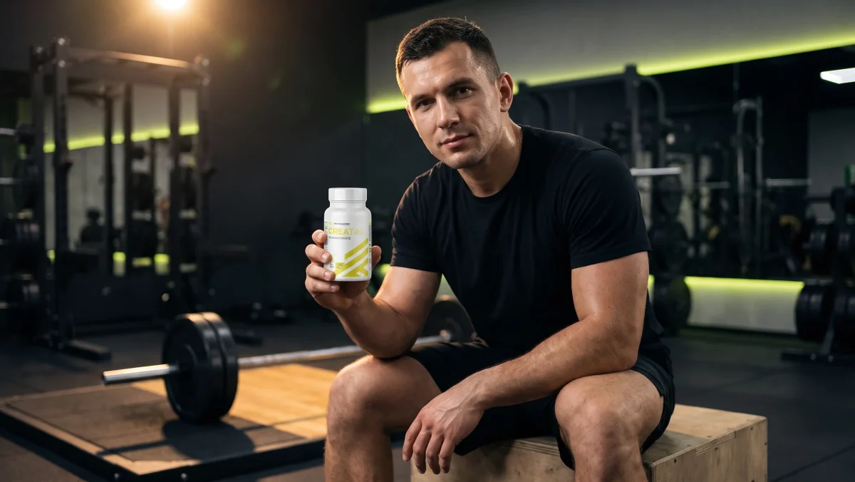 Mężczyzna na skrzyni przy sztandze trzyma słoik kreatyny PROMAKER Creatine Monohydrate 140 kapsułek