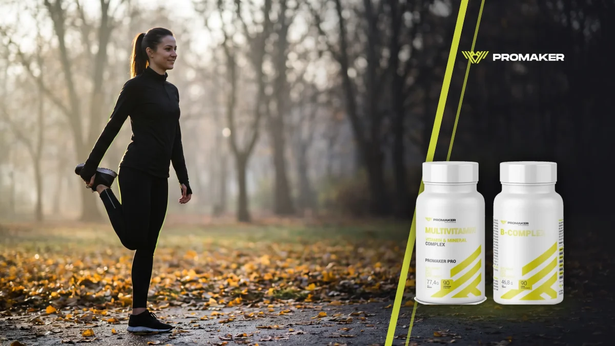 Kobieta rozciąga się przed biegiem w jesiennym parku; Multivitamin Complex i B-Complex PROMAKER