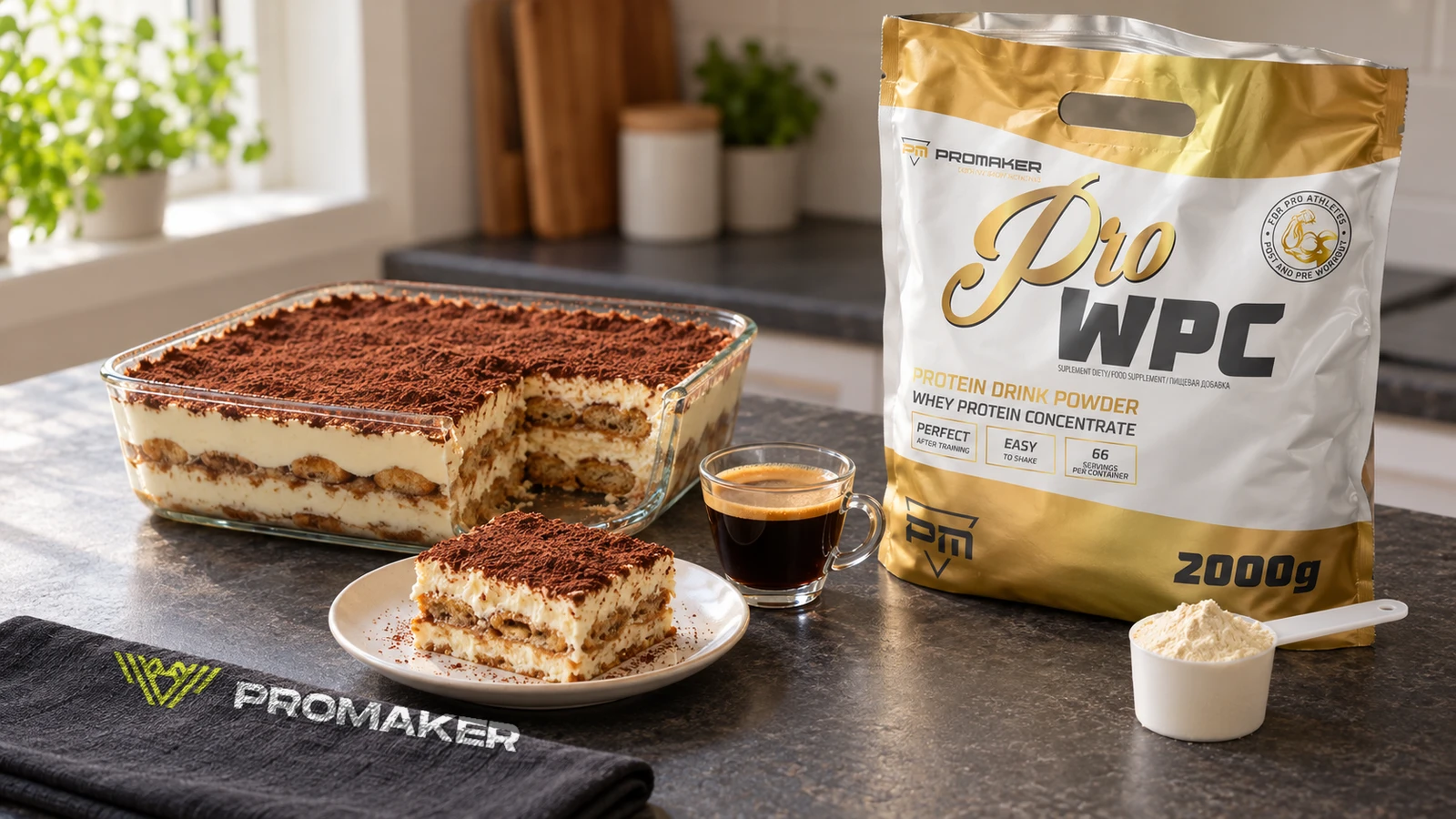 Tiramisu proteinowe w szklanym naczyniu, porcja na talerzyku, espresso, odżywka Pro WPC PROMAKER i ręcznik z logo
