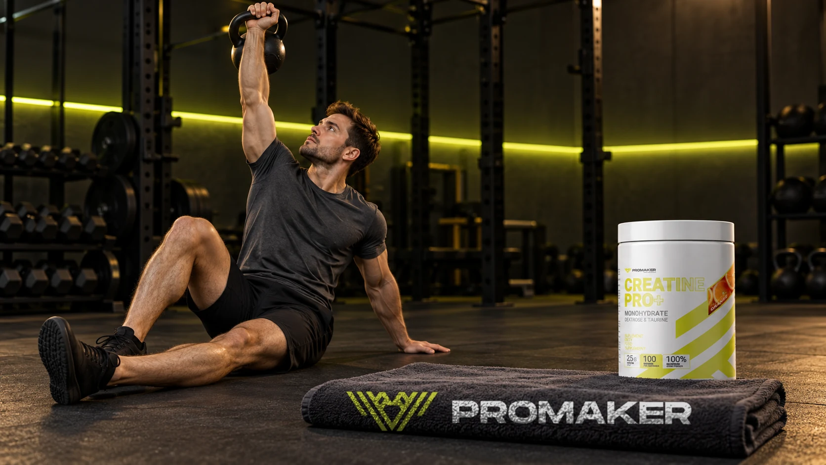 Mężczyzna wykonuje turkish get up z kettlebellem, obok kreatyna Creatine PRO+ PROMAKER i ręcznik z logo
