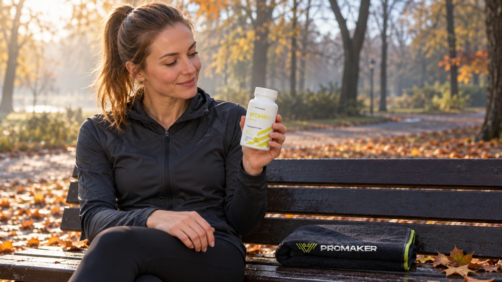 Witamina C 1000 mg: biegaczka po jesiennym biegu siedzi na ławce w parku i trzyma butelkę Vitamin C PROMAKER