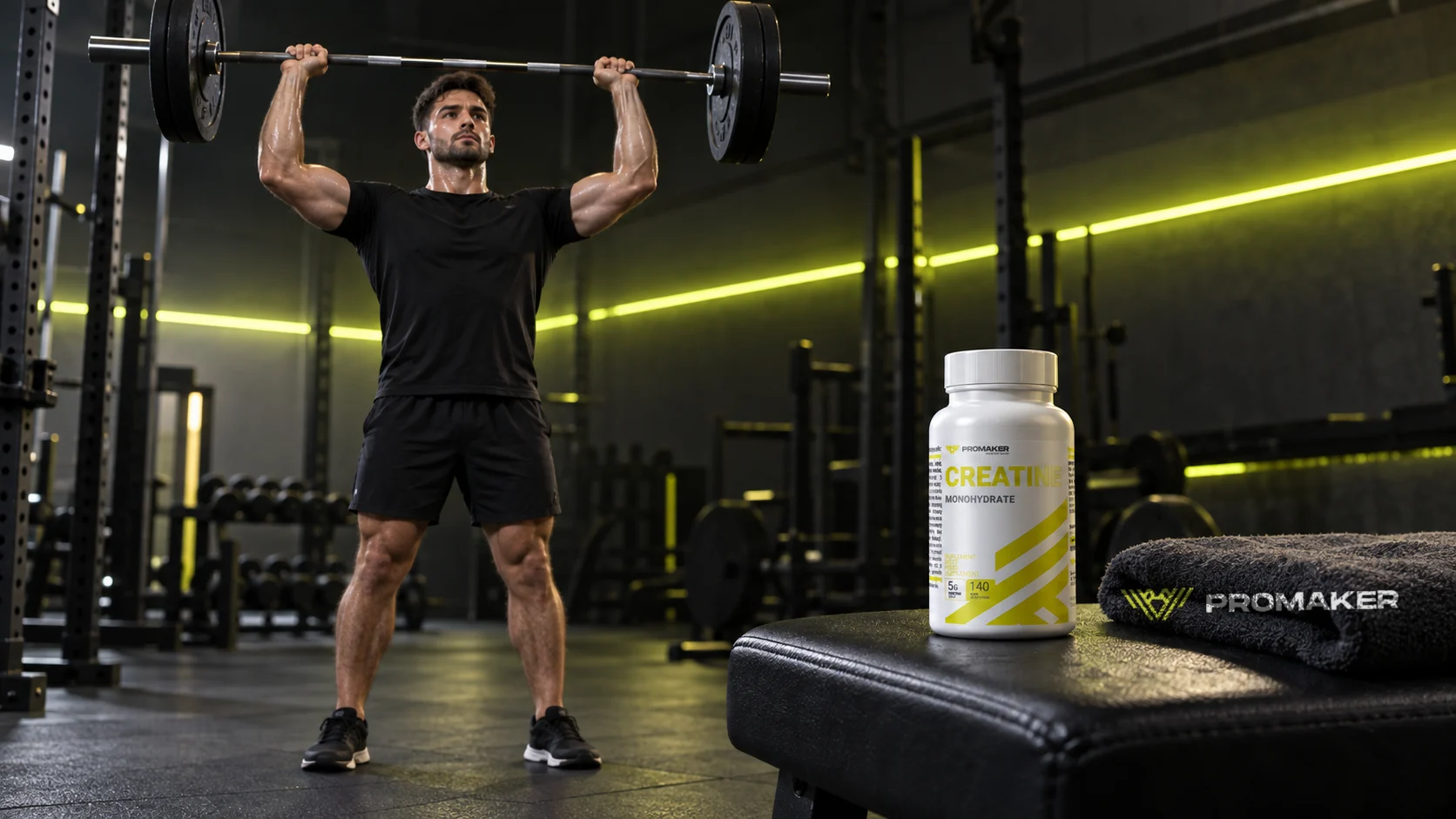 Mężczyzna wyciska sztangę nad głowę w siłowni, na ławce kreatyna PROMAKER Creatine Monohydrate i ręcznik z logo