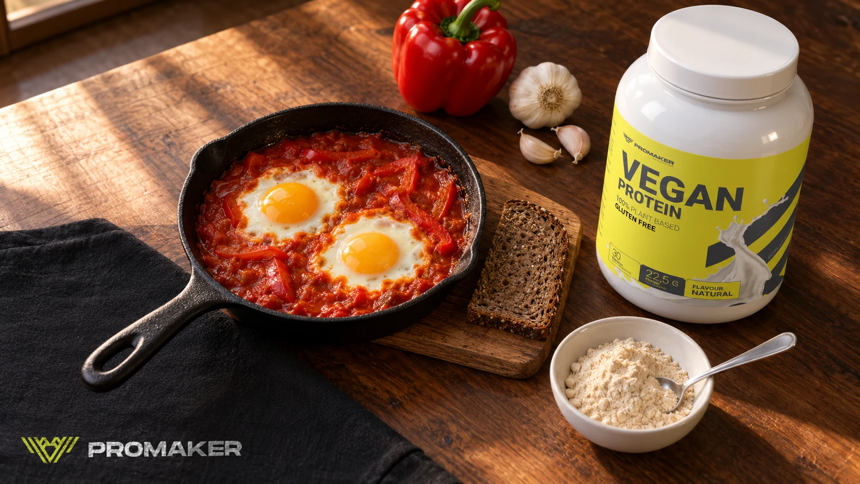 Jajka w sosie pomidorowym z papryką na żeliwnej patelni, kromka chleba żytniego i słoik Vegan Protein Natural PROMAKER